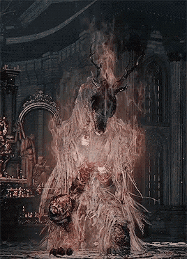 a demon with horns is surrounded by flames in a room