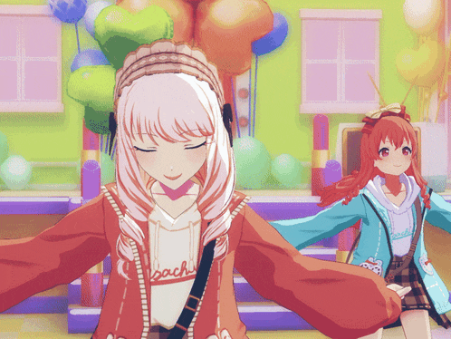 a girl wearing a peach shirt stands next to a girl wearing a blue jacket