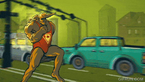 a cartoon drawing of a superhero with a letter d on his chest