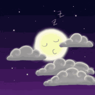 a cartoon drawing of a sleeping moon surrounded by clouds with zzz written in the sky