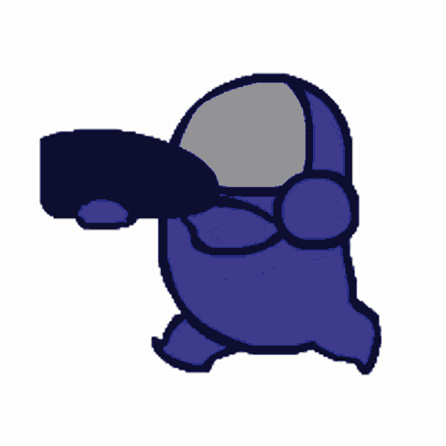 a blue among us character is walking and holding a black object in his hand .