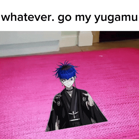 a picture of a boy with blue hair on a pink rug with the caption whatever go my yugami .
