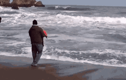 a man is walking along the beach holding a frisbee in his hand .