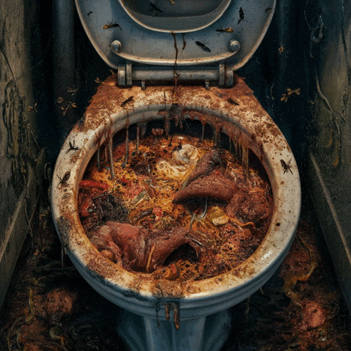 a dirty toilet with a few bugs crawling around it