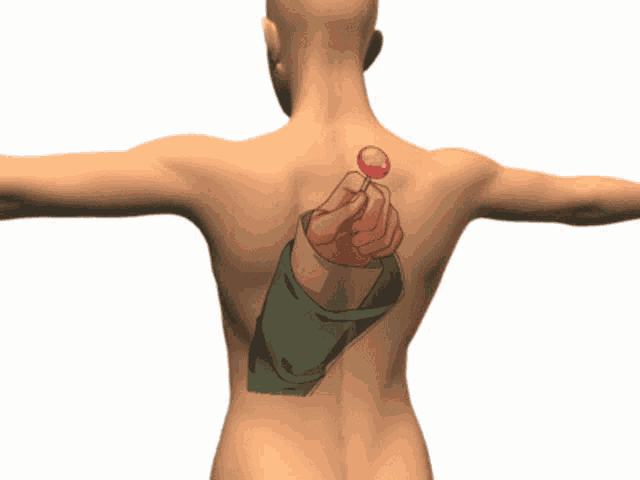a man 's back has a hand holding a lollipop on it