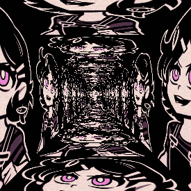 a cartoon of a girl with purple eyes standing in a tunnel .