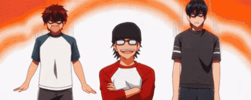 three anime characters are standing next to each other and one of them is wearing glasses