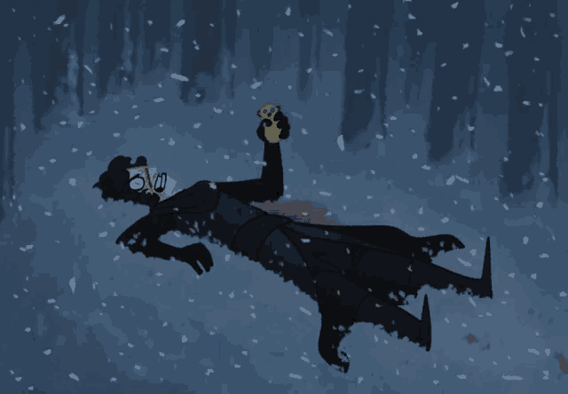a cartoon character is laying in the snow holding a sword