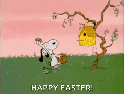 a cartoon of snoopy holding an easter egg and a birdhouse in a field .