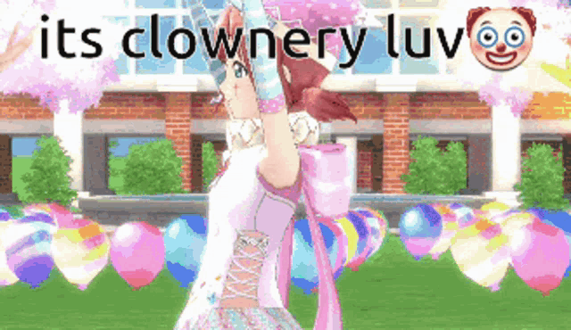 a girl in a pink dress stands in front of balloons with the words " its clownery luv " on the bottom