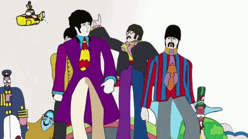 a cartoon drawing of the beatles with a yellow submarine flying in the background