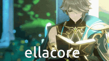 a cartoon character is reading a book and the word ellacore is on the bottom of the image