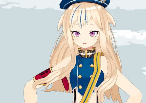 a girl with long blonde hair wearing a blue hat stands in front of a cloudy sky with chinese writing on it