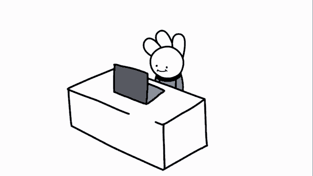 a drawing of a person sitting at a desk with a laptop