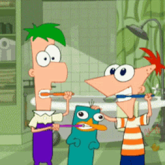 a cartoon of perry the platypus and phineas and ferb brushing their teeth