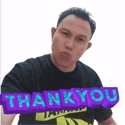 a man wearing a black shirt with the word thank you written in purple letters
