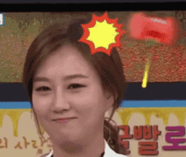 a woman with a sticker on her head that says ' i love you '