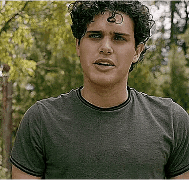 a young man with curly hair is wearing a gray t-shirt .