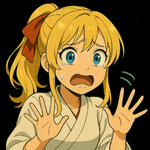 a cartoon girl with blonde hair and blue eyes is making a funny face