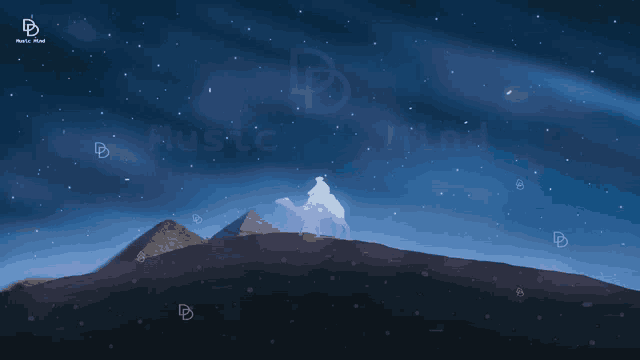 a person riding a camel on top of a hill with the words music mind written in the background