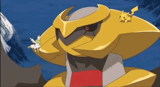 a cartoon drawing of a robot with a pikachu on top