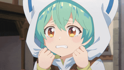 a girl with green hair is wearing a white hoodie