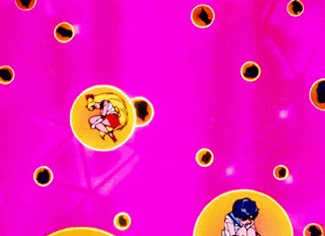 a pink background with yellow circles with cartoon characters inside