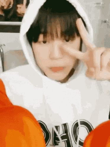 a young boy wearing a hoodie is making a peace sign with his hands .