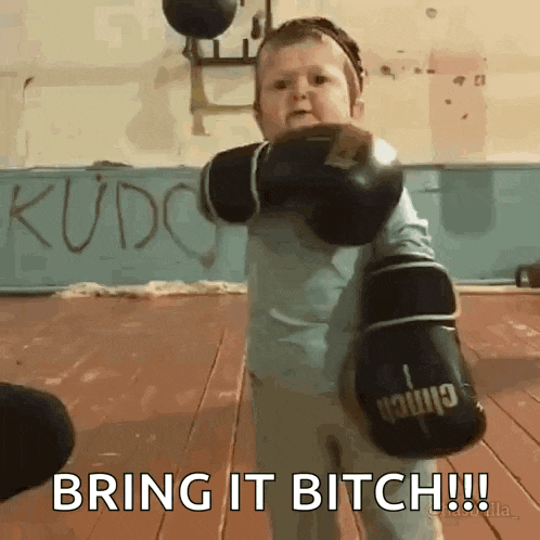 a little boy wearing boxing gloves says bring it bitch !!!
