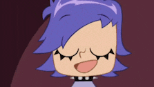 a cartoon character with purple hair and a choker