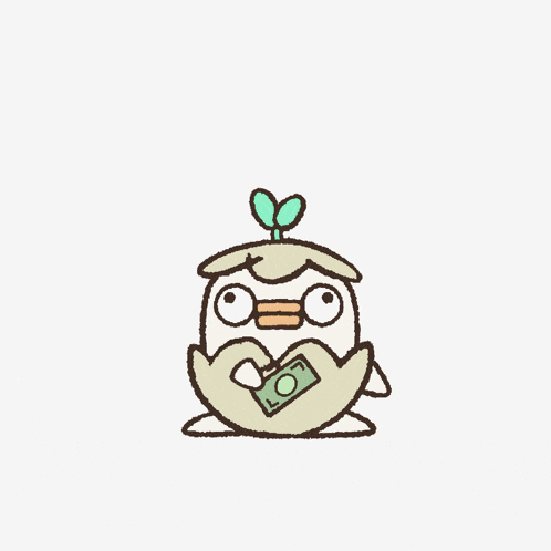 a cartoon drawing of a bird with a plant on its head holding a bunch of money