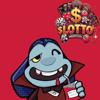 a cartoon character is holding a drink in front of a sign that says slotto memecoin