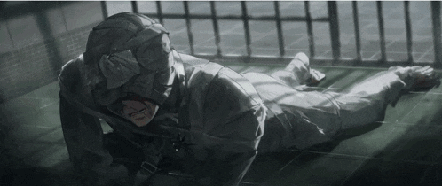 a man in a gas mask is laying on a tiled floor