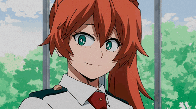 a girl with red hair and green eyes is wearing a white shirt and tie
