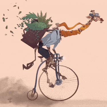a cartoon of a giraffe riding a bike with a bag on its back