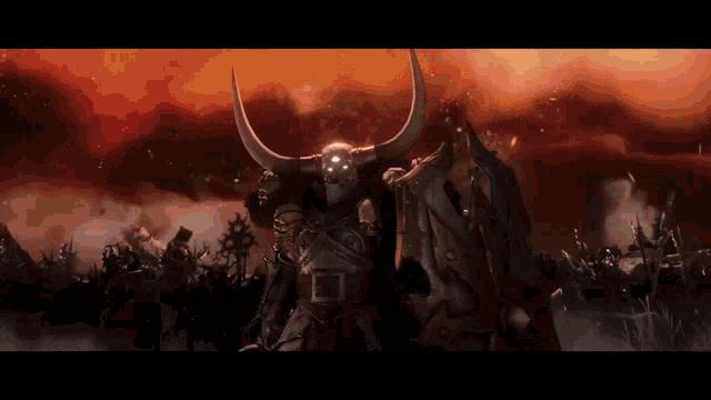 a knight with horns holding a shield in front of a crowd