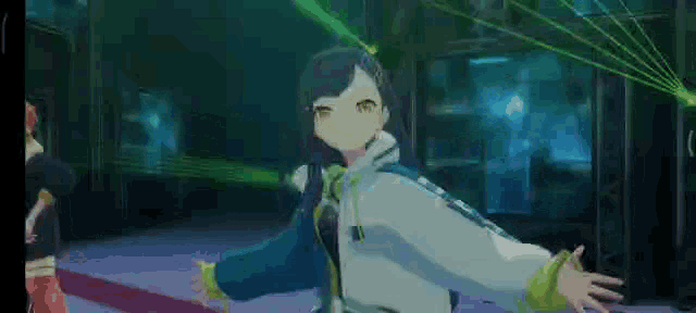 a girl is standing in a dark room with her arms outstretched in a video game .