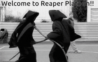 a black and white photo of two grim reapers with the words welcome to reaper platoon on the bottom