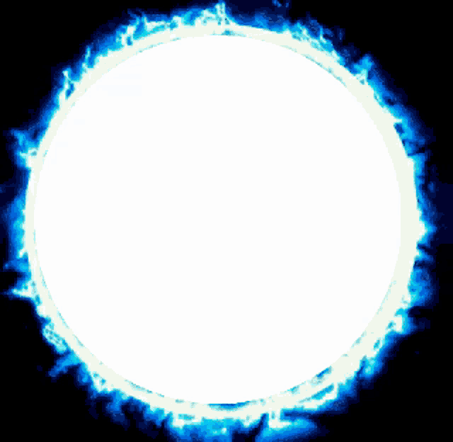 a white circle with blue flames surrounding it