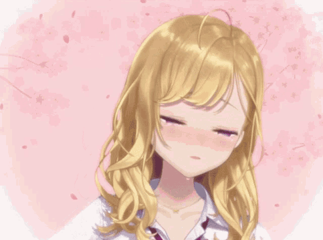 a girl with blonde hair and purple eyes is standing in front of a pink background with cherry blossoms