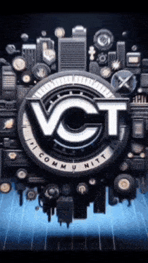 a logo for vct community surrounded by a city skyline