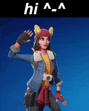 a girl in a denim jacket and a red hat with horns waving her hand