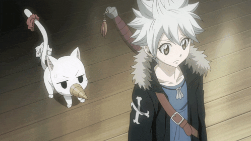 a boy with a sword stands next to a white cat with a drill in its mouth