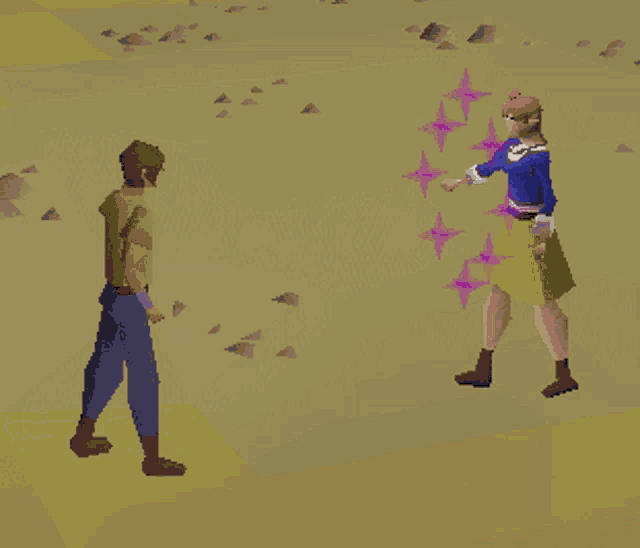 a man and a woman are standing next to each other in a desert