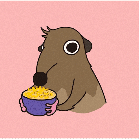 a cartoon drawing of a meerkat eating chicken nuggets and corn