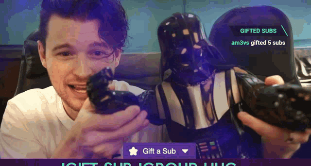 a man is holding a darth vader action figure and a gifted subs button is visible