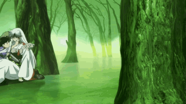 a couple of anime characters are sitting in a swamp