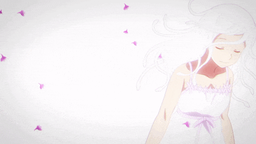 a girl in a white dress with her eyes closed is surrounded by pink flowers