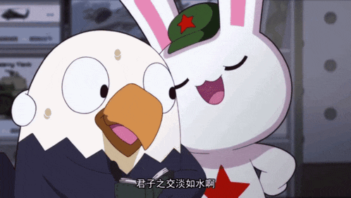 a cartoon of an eagle and a rabbit with chinese writing on the bottom