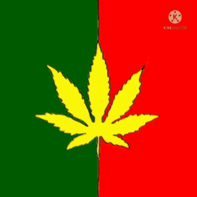a green and red background with a yellow marijuana leaf on it .